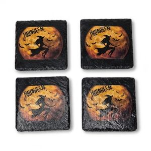 Halloween Whimsigoth Witch‎ Slate Coasters Black and Orange Flying On Broom